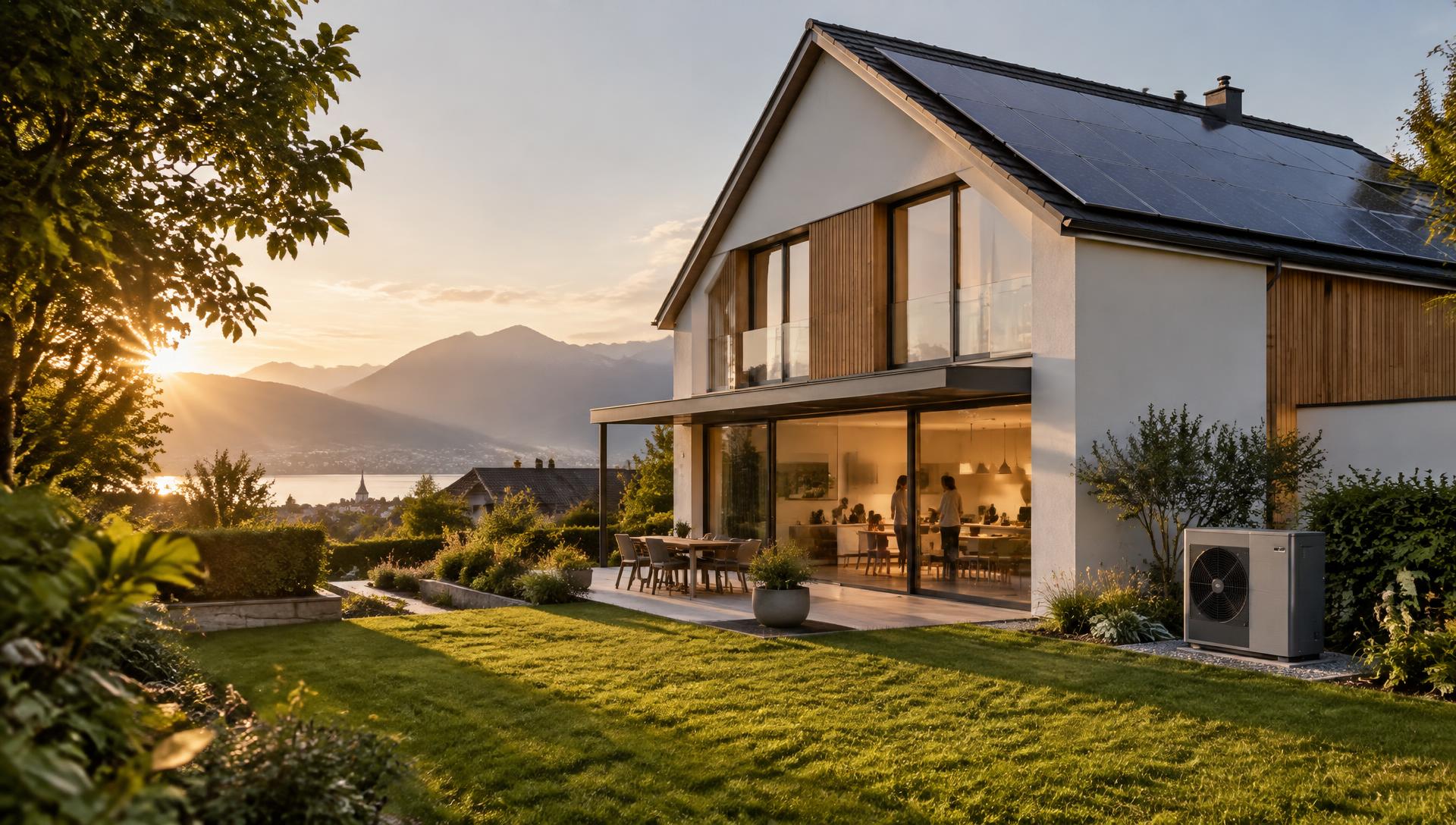 Modern home with solar panels and a heat pump